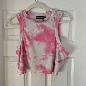 Pretty Little Thing - Pink and White Tie-Dye Ribbed Crop Top (Size 12)